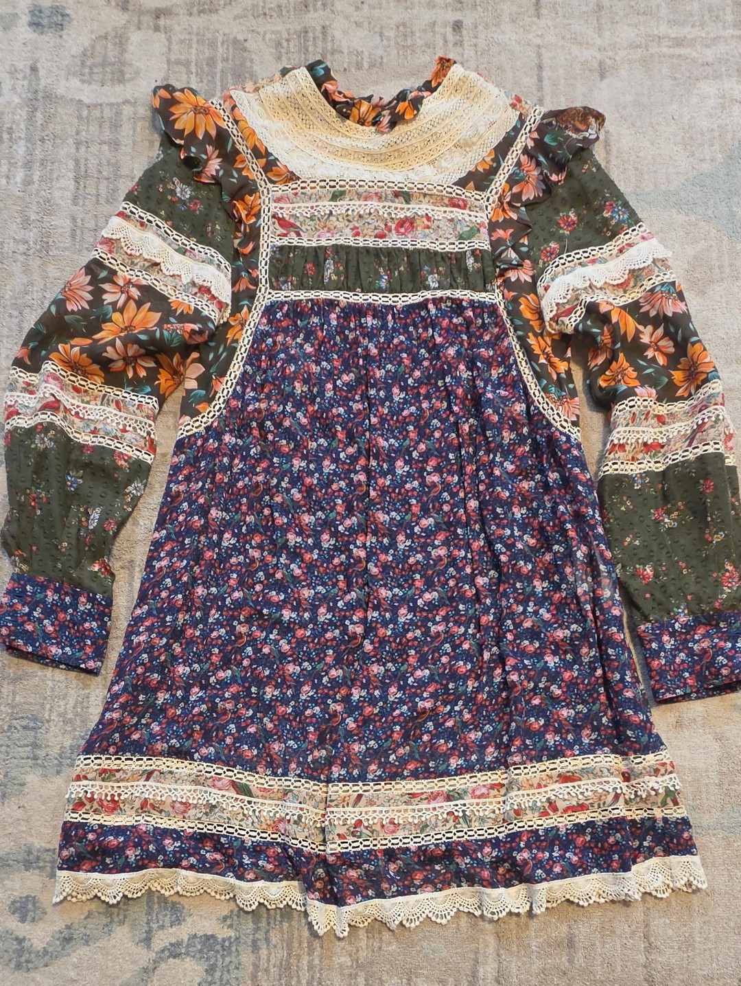 Farm Rio Mixed Liberty Ruffles Crochet Inset Mini Dress. Size Small. Euc